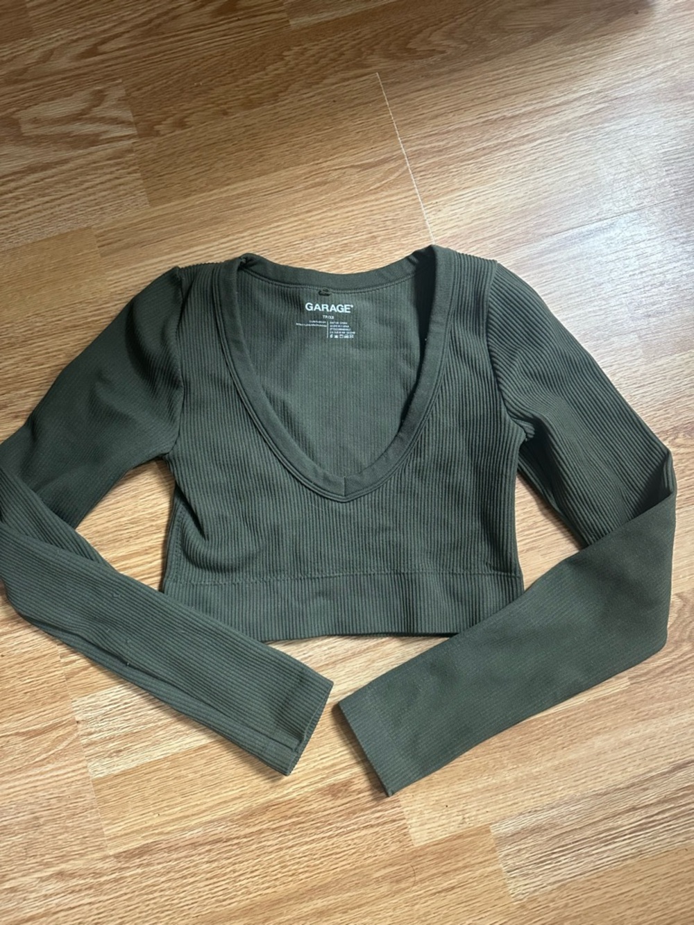 Garage Olive Ribbed V-Neck Long Sleeve Cropped Top